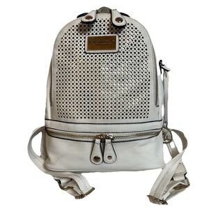 Marc NY Coated Canvas Backpack Womens Sz S White Woven Zip Around Preppy Classic